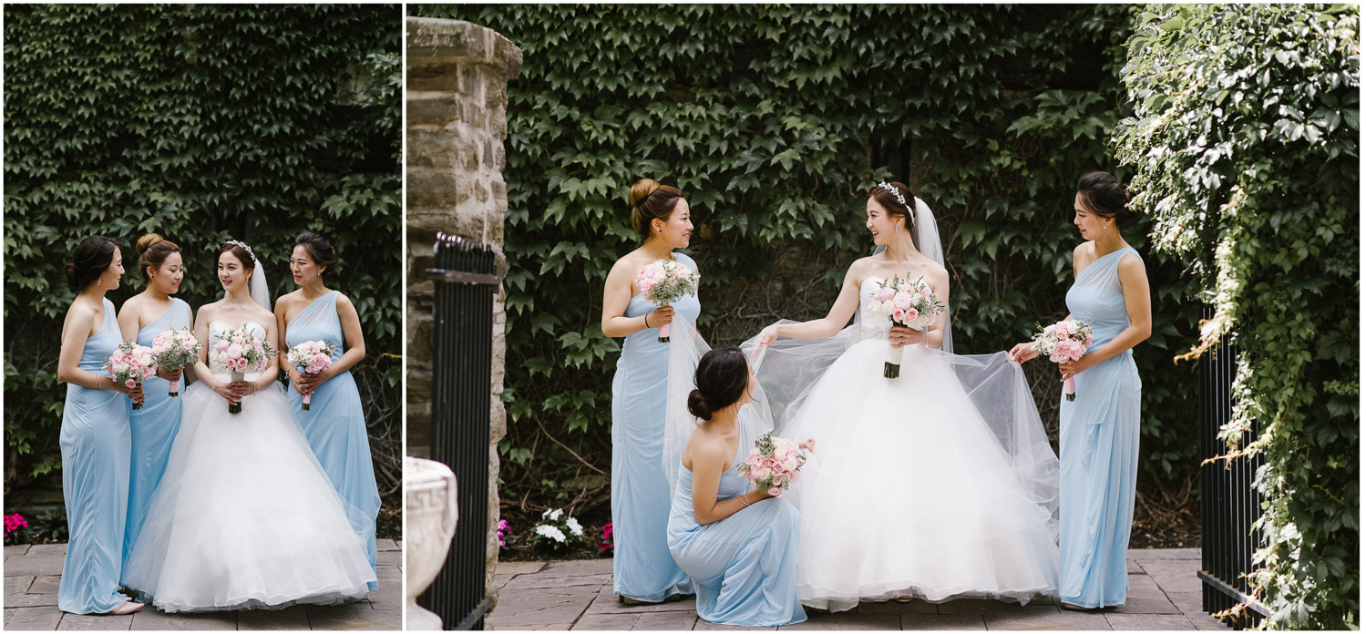 Bridesmaids portrait outside of ivy covered stone walls in Old Mill