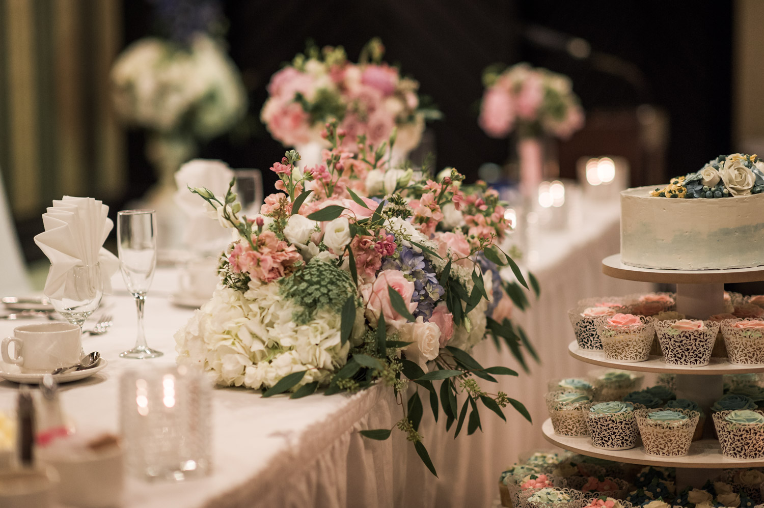 Old Mill Wedding centerpieces by La Belle Fleur