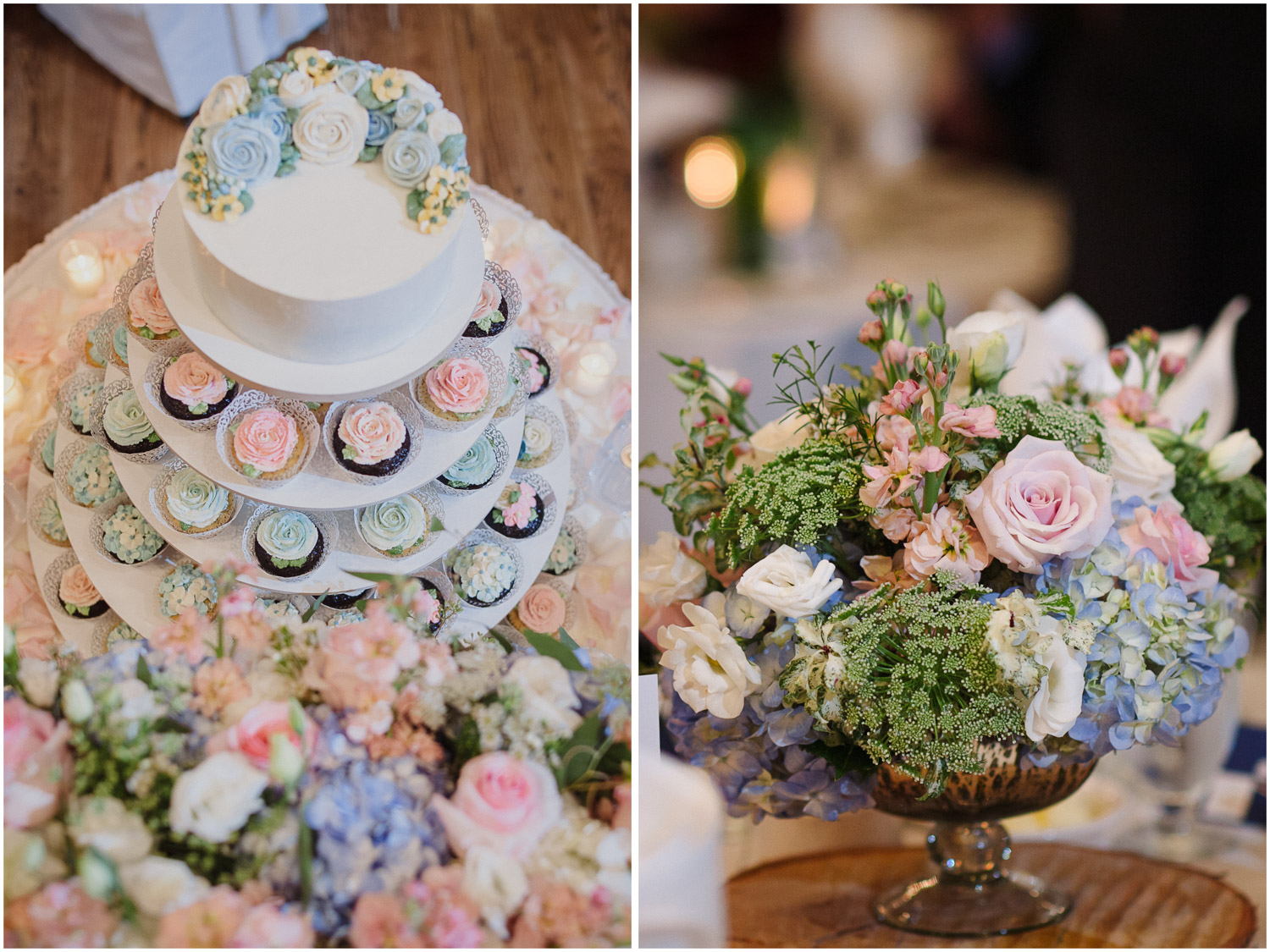 Flower detail and cupcakes at Old Mill Toronto wedding