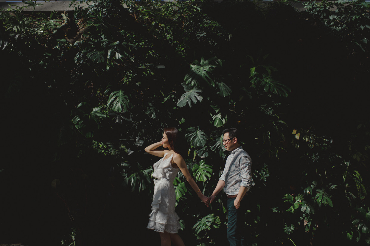Burlington RBG Engagement in front of monstera