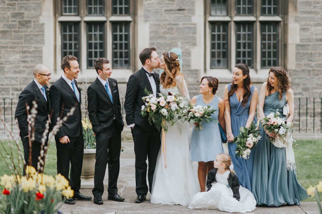 Hart House Wedding Photo at the Quad with bridal party and flower girl