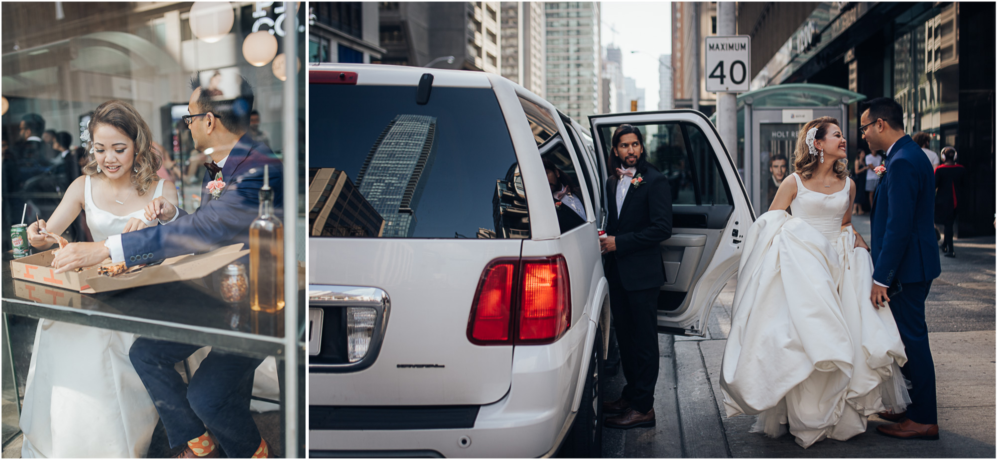 Bride and Groom getting pizza in Yorkville on the wedding day