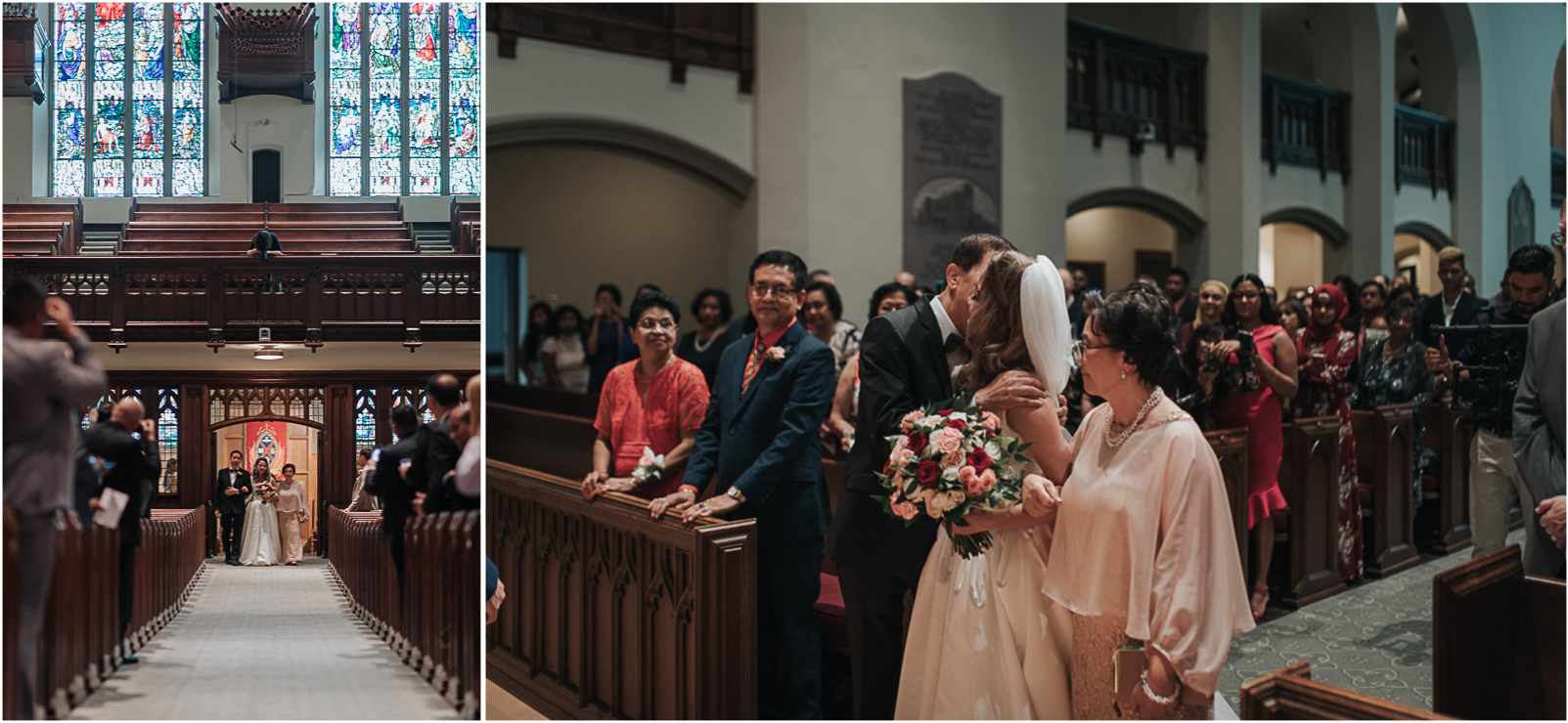 Bride walking down the aisle at the Timothy Memorial Church in Toronto