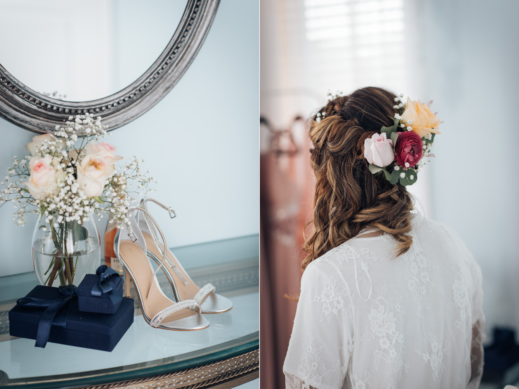 Photo of a bride getting ready in Toronto with details of her shoes, bouquet, flower crowns and jewelries