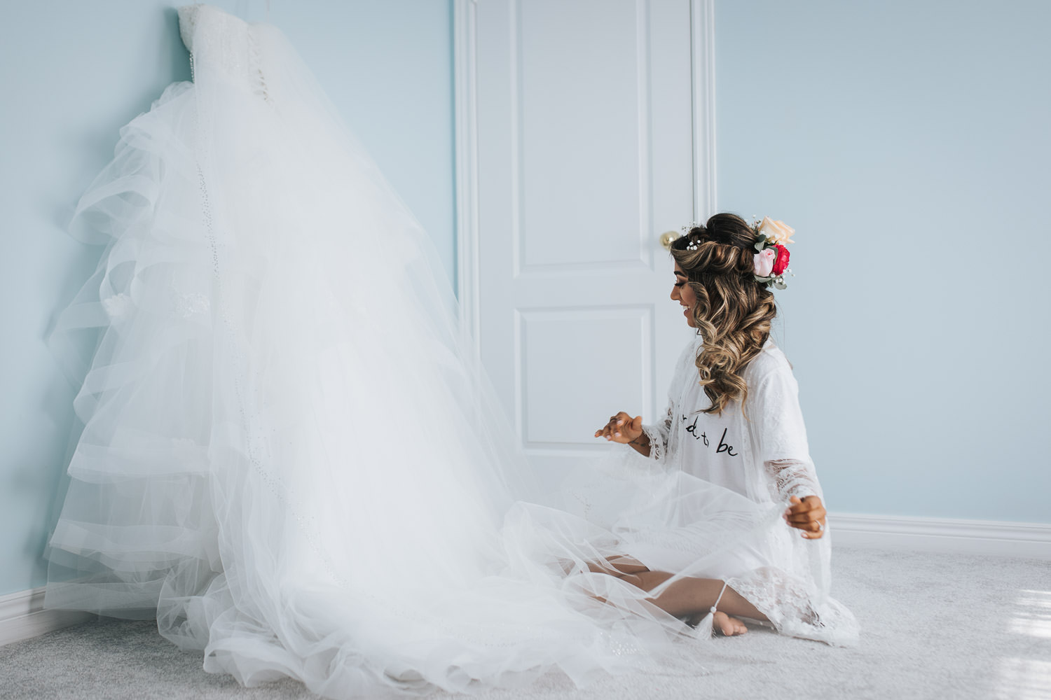 Photo of bride alone before getting into her wedding dress in GTA Newmarket