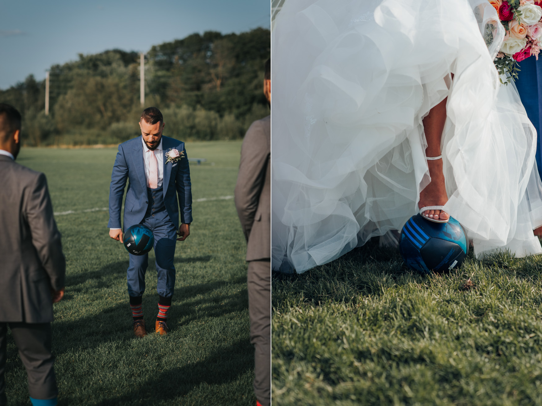 Bride and groom photo on a soccer field in Toronto