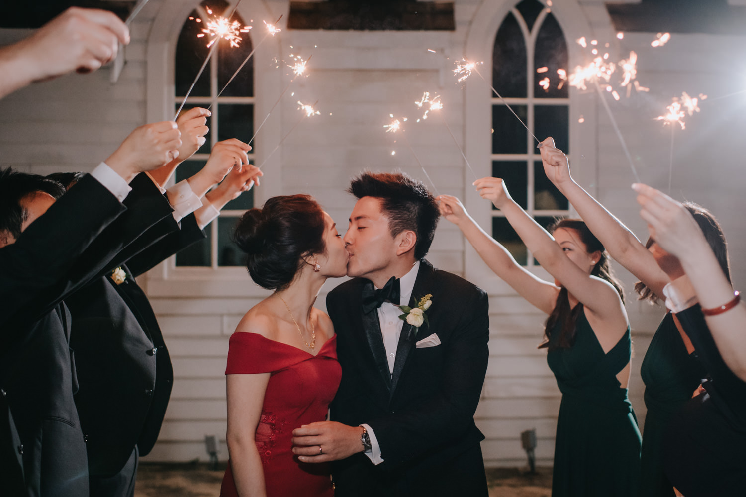 Wedding reception evening portrait with sparklers romantic at Doctor's House