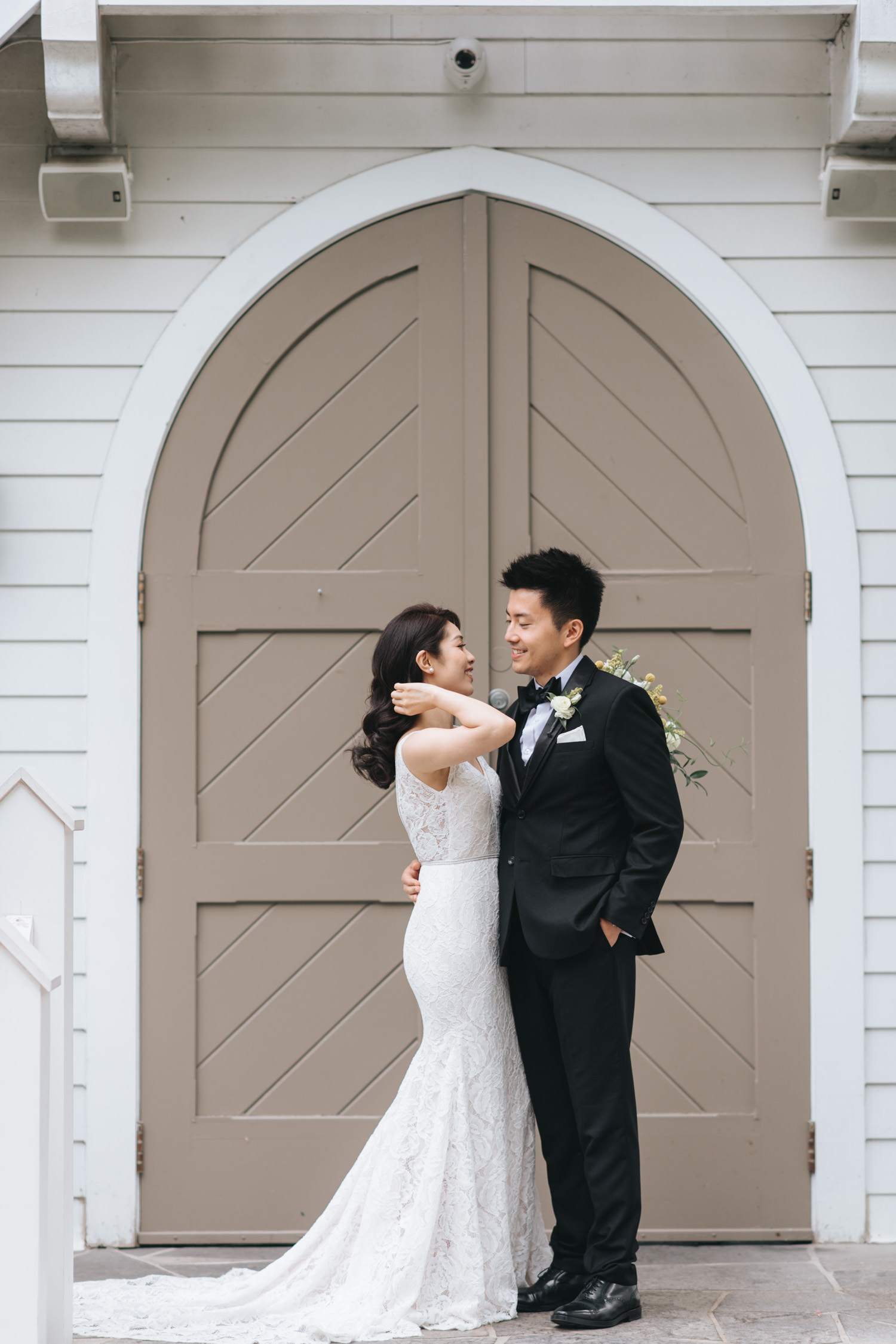 Doctor's House wedding portrait photo at cream white vintage chapel Kleinburg