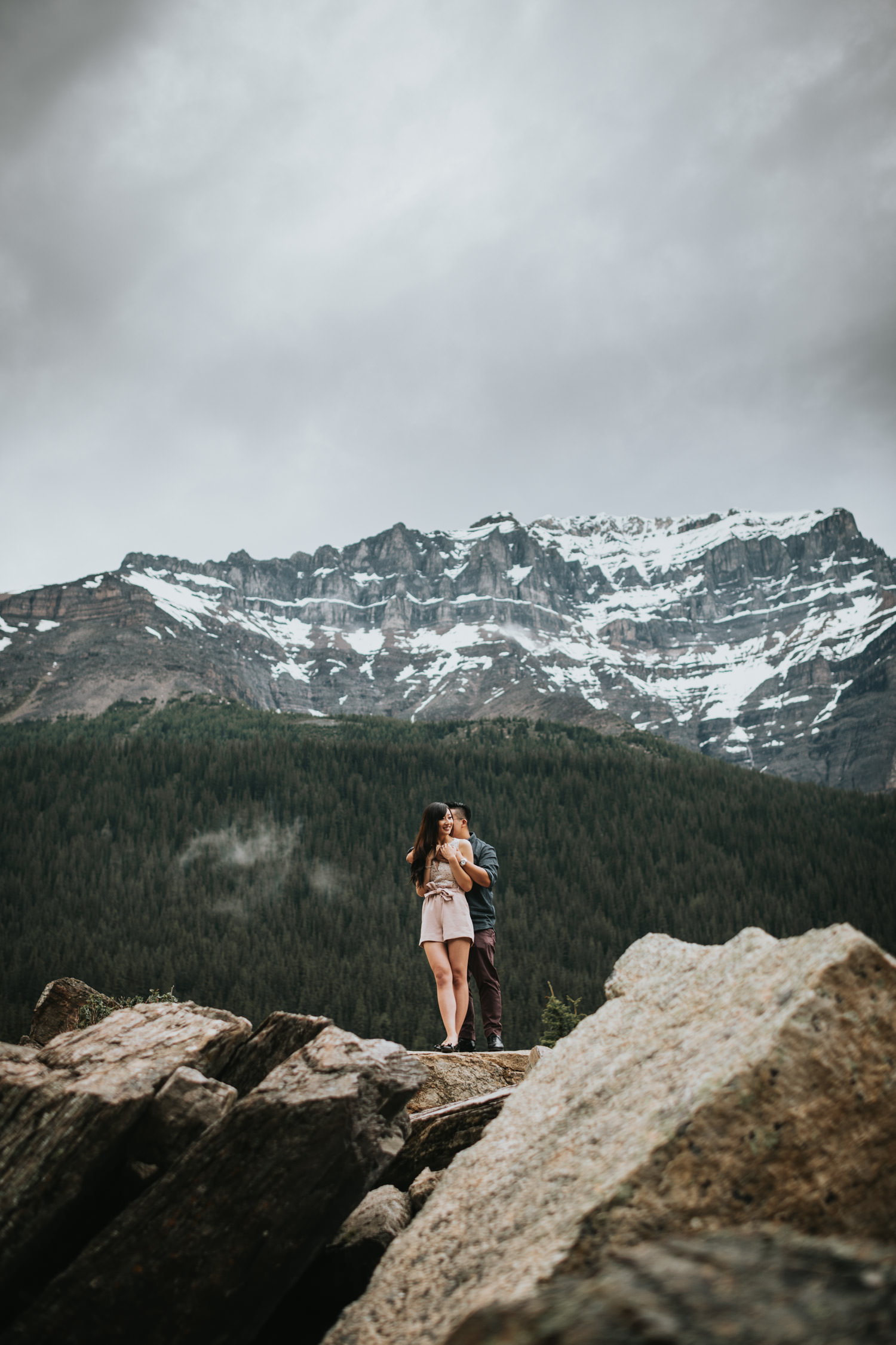 Banff Rocky Mountain Pine tree Engagement Photo