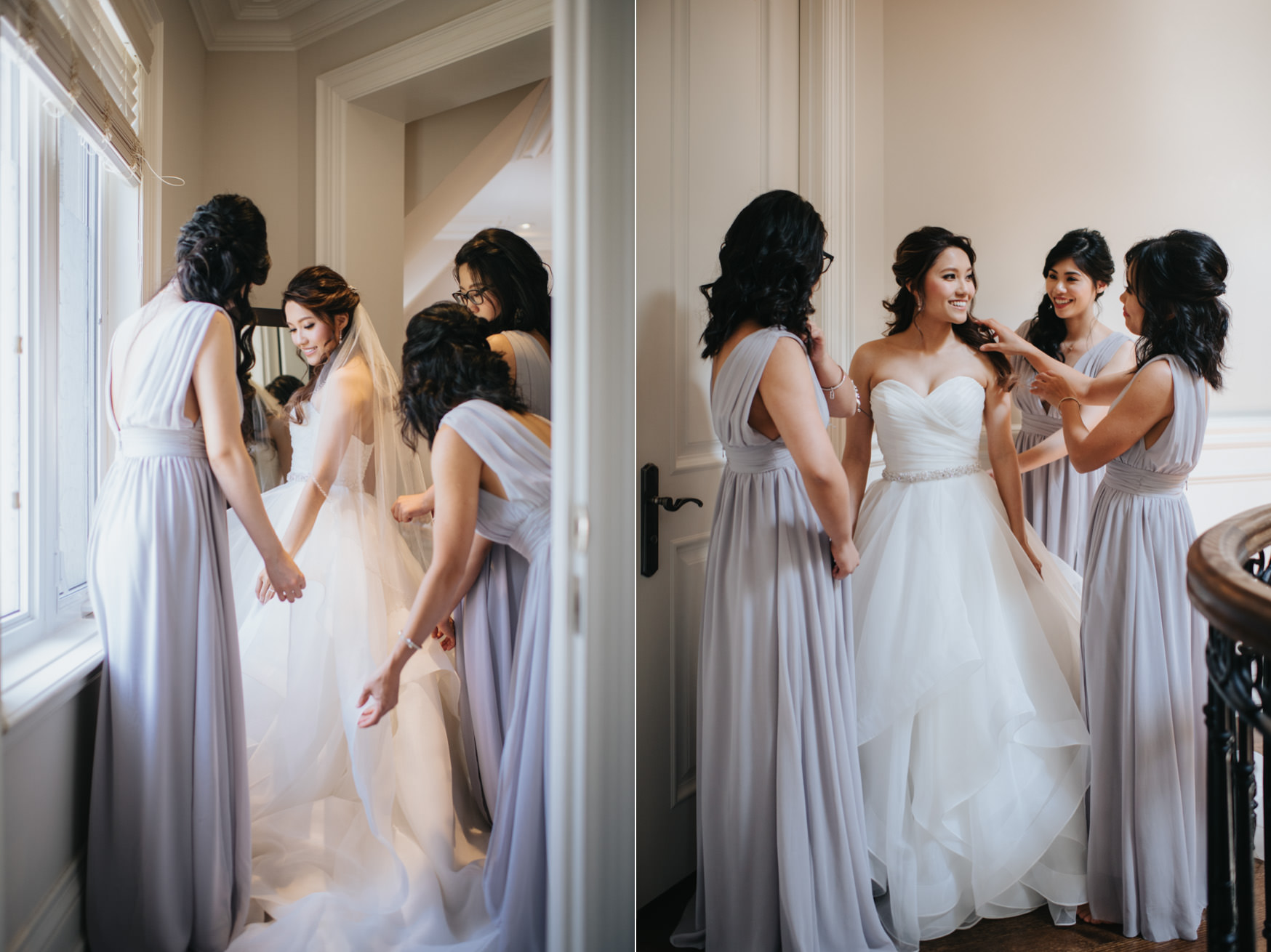 Toronto Wedding Bride Getting Ready while bridesmaids help her with touch up