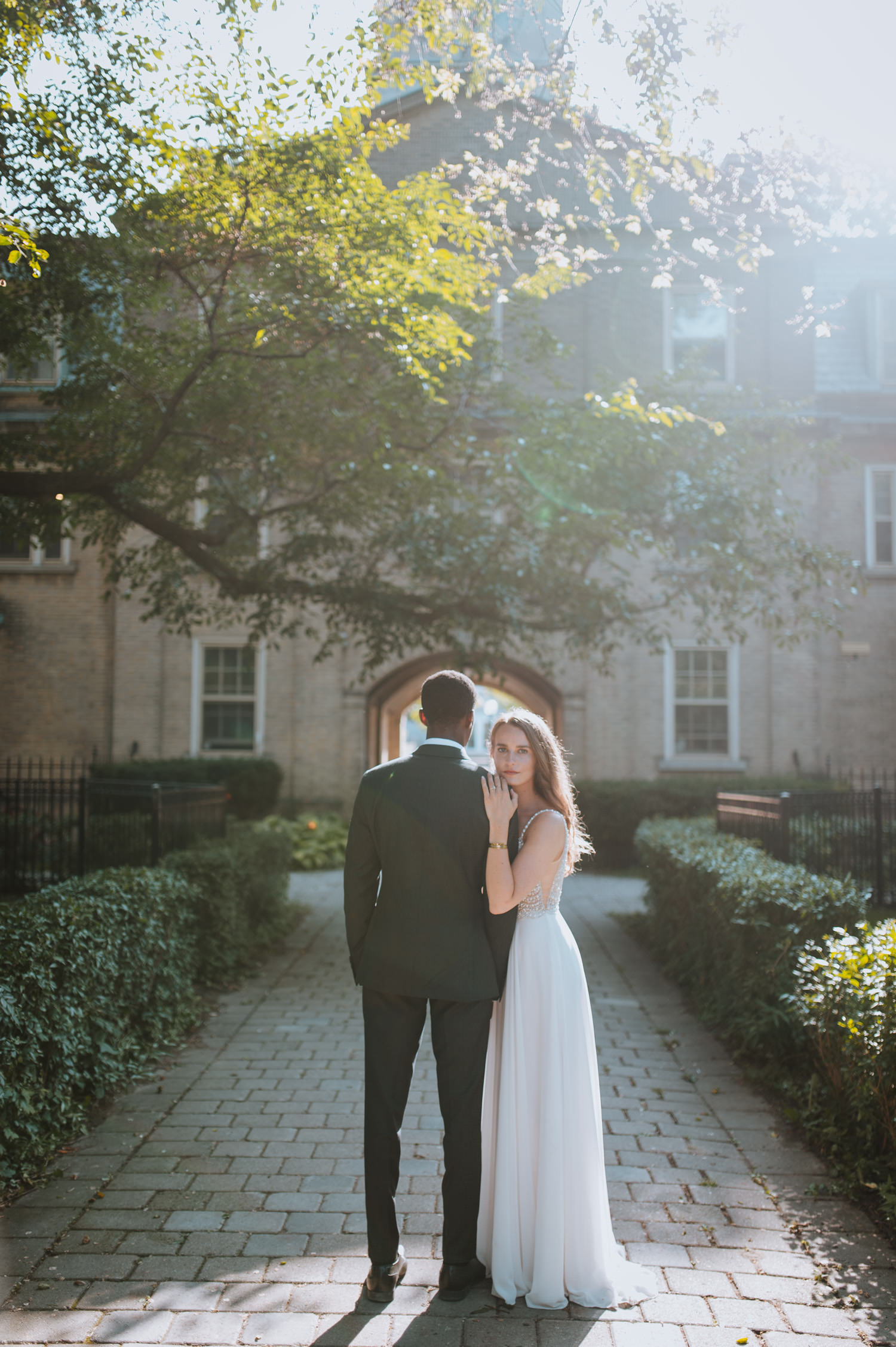 Sunny wedding photography at University of Toronto bride portrait