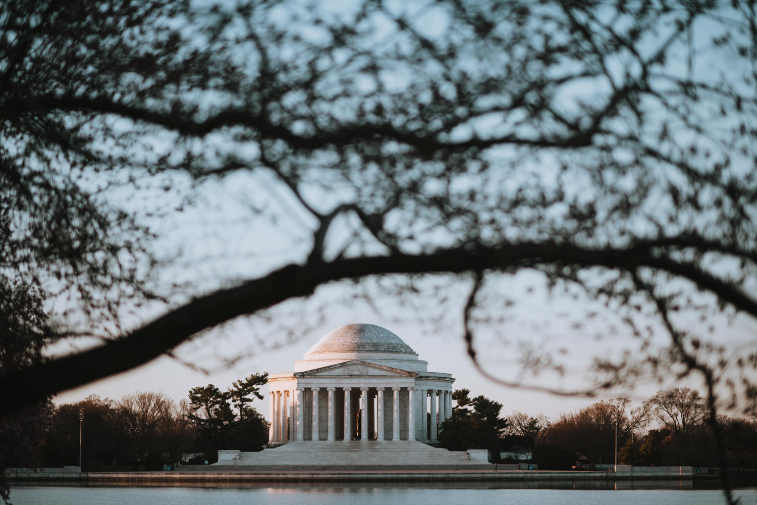 Morning sunrise photo of Tidal Basin and Jefferson Memorial in Washington DC during cherry blossom