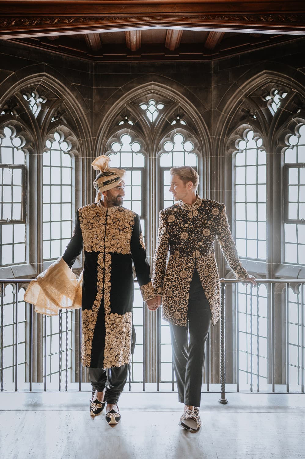 A newly wed couple portrait inside the Hart House