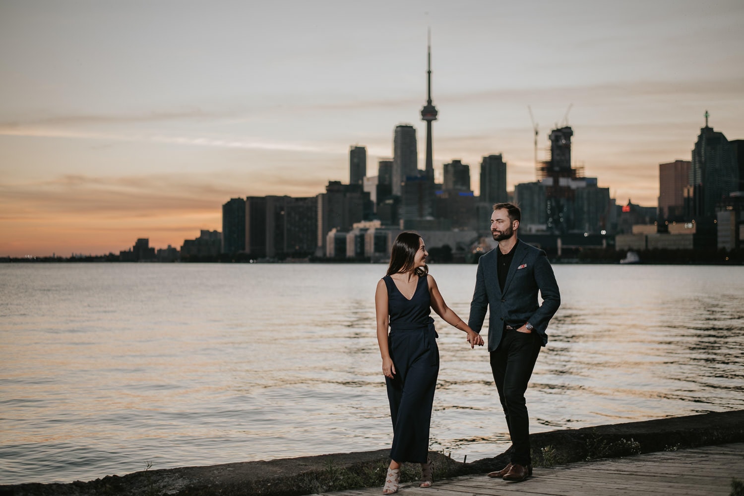 Toronto Skyline Polson Pier Engagement Photo