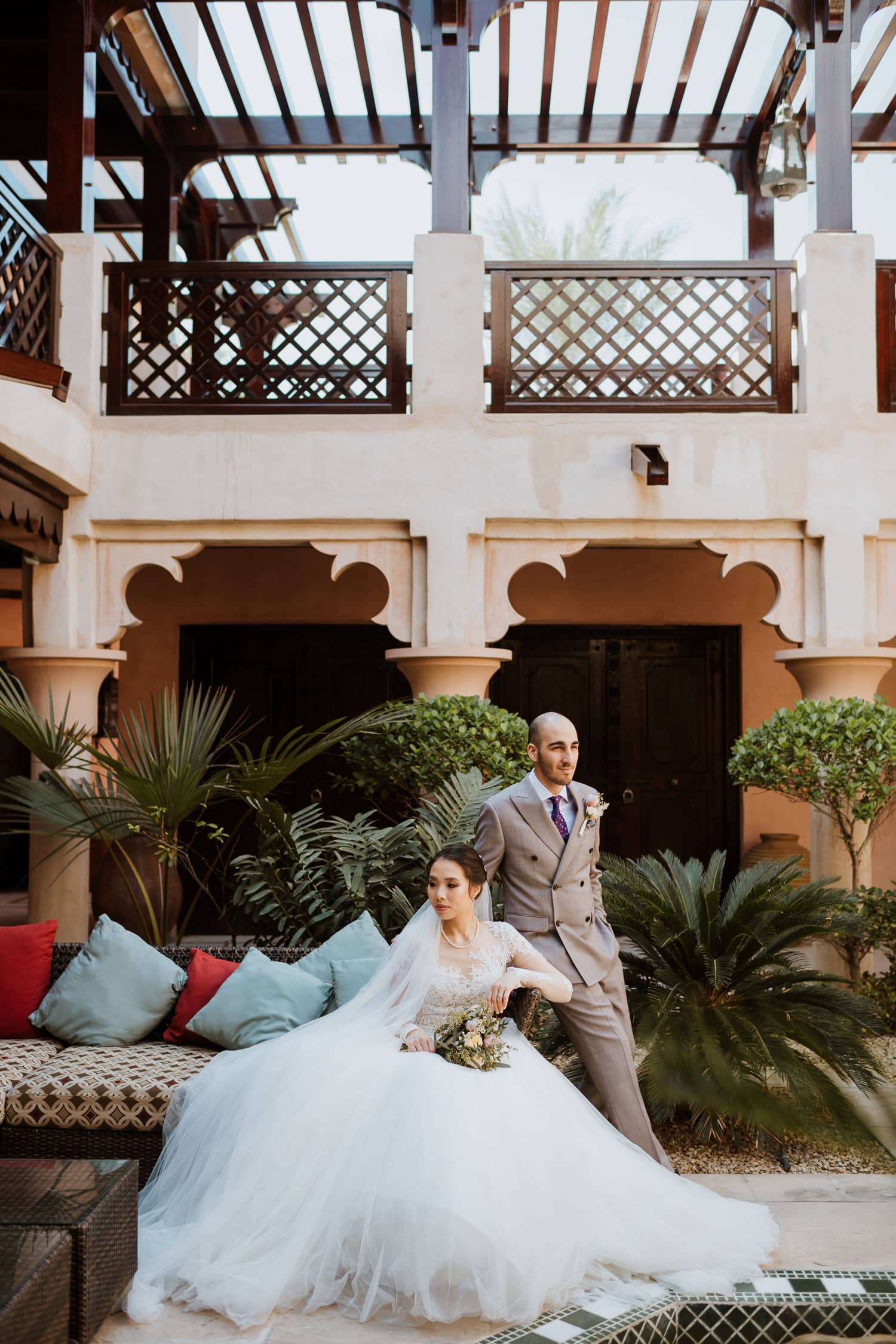 Boho Chic Wedding Bride and Groom Courtyard Jumeirah Al Qasr Dubai