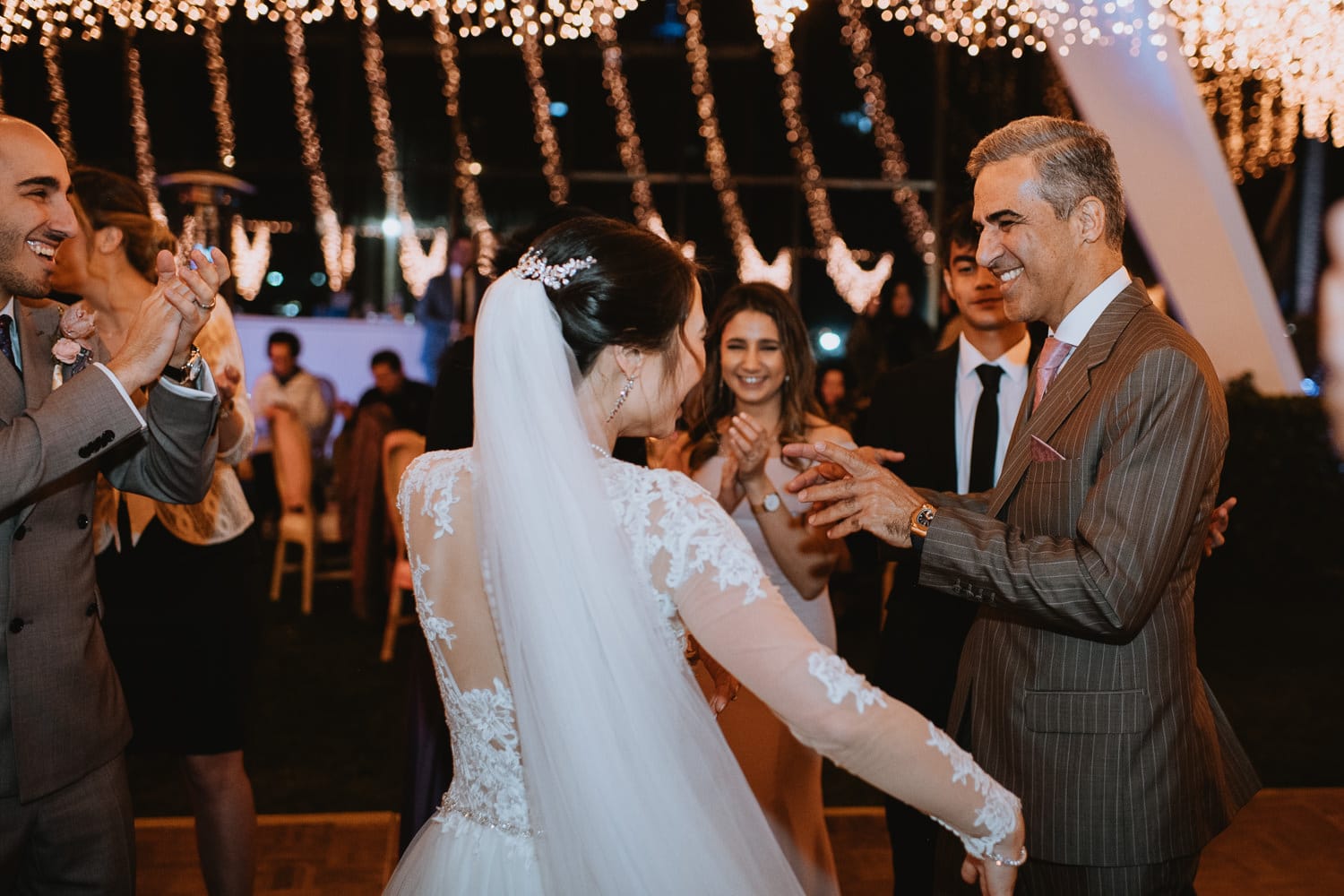 Outdoor Evening Wedding Reception Bride and father dance