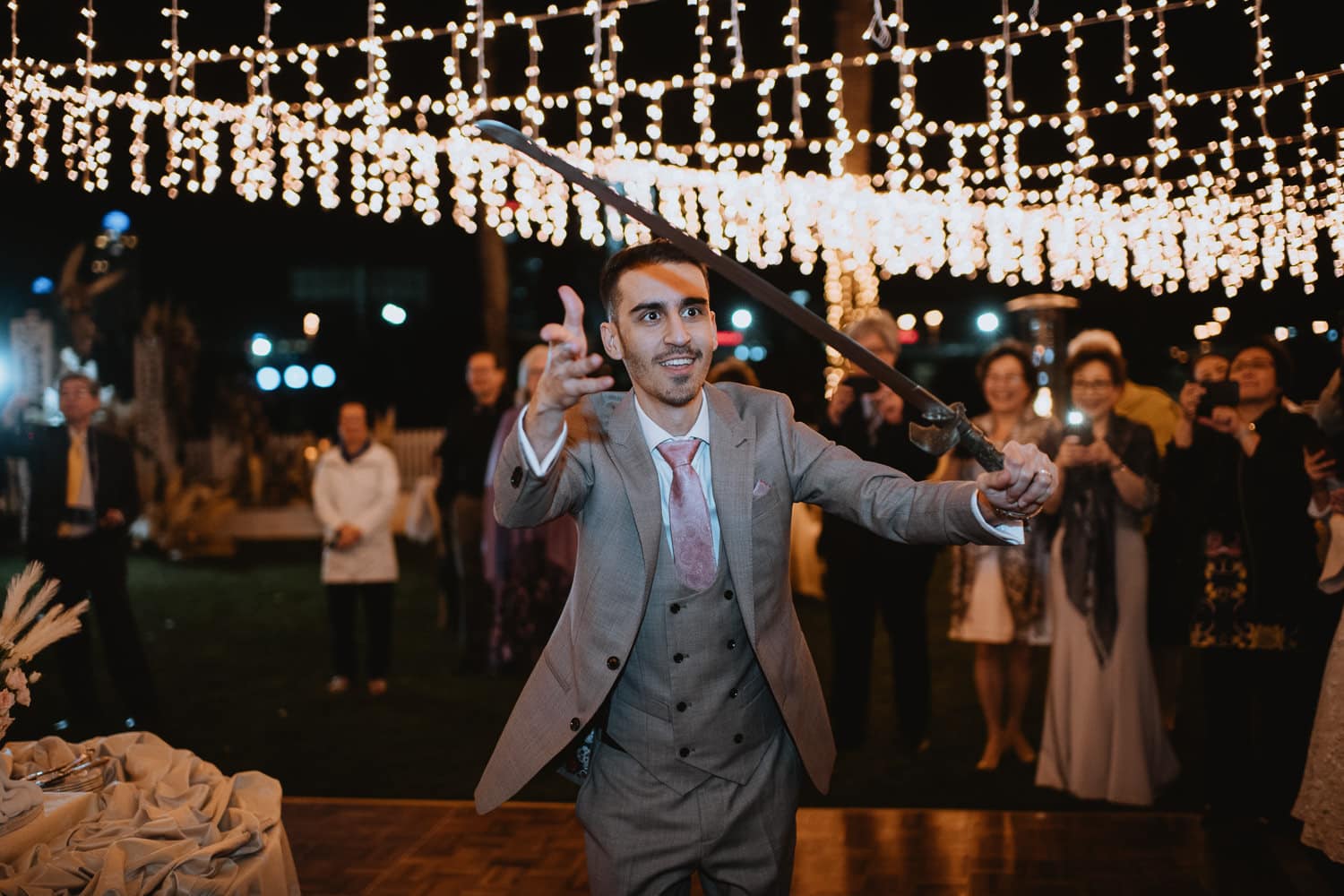 Outdoor Evening Wedding Reception Knife Dance