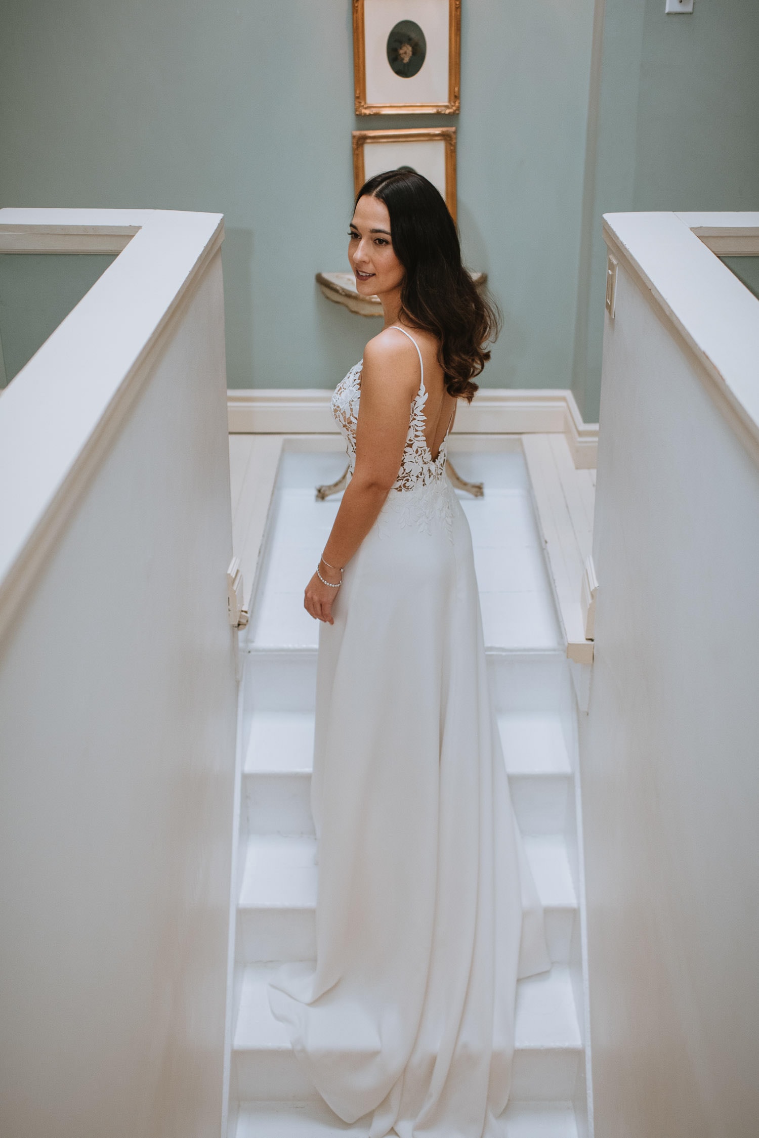 bride with her delicate A-line wedding gown
