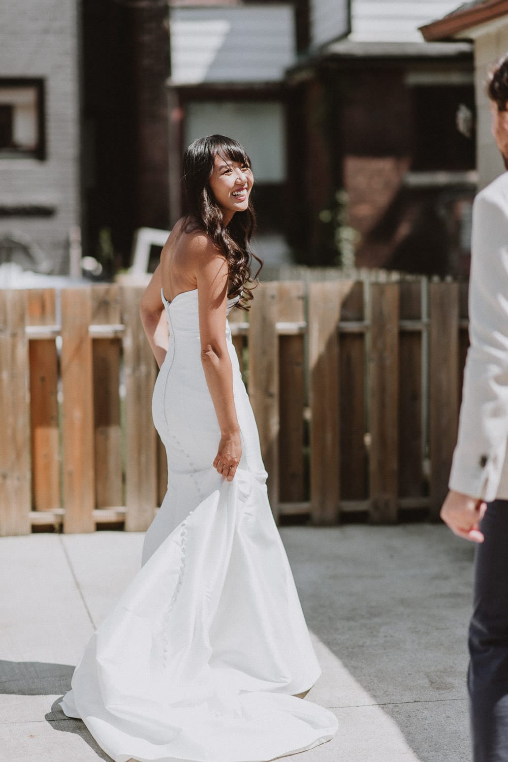 Toronto Backyard Micro Wedding where bride and groom see each other for the first time on wedding day