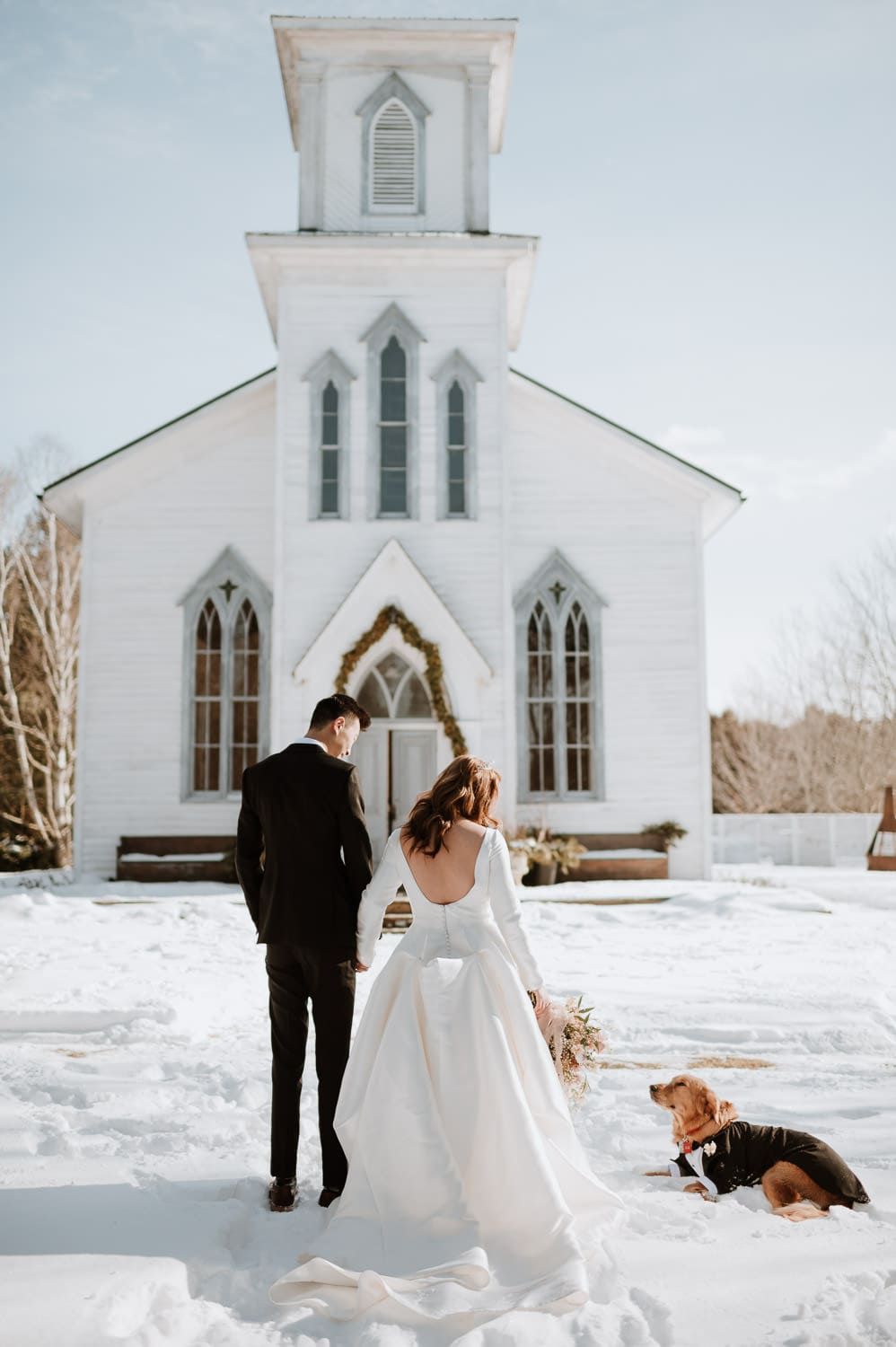 Winter Cranberry Creek Gardens micro wedding photo with their dog