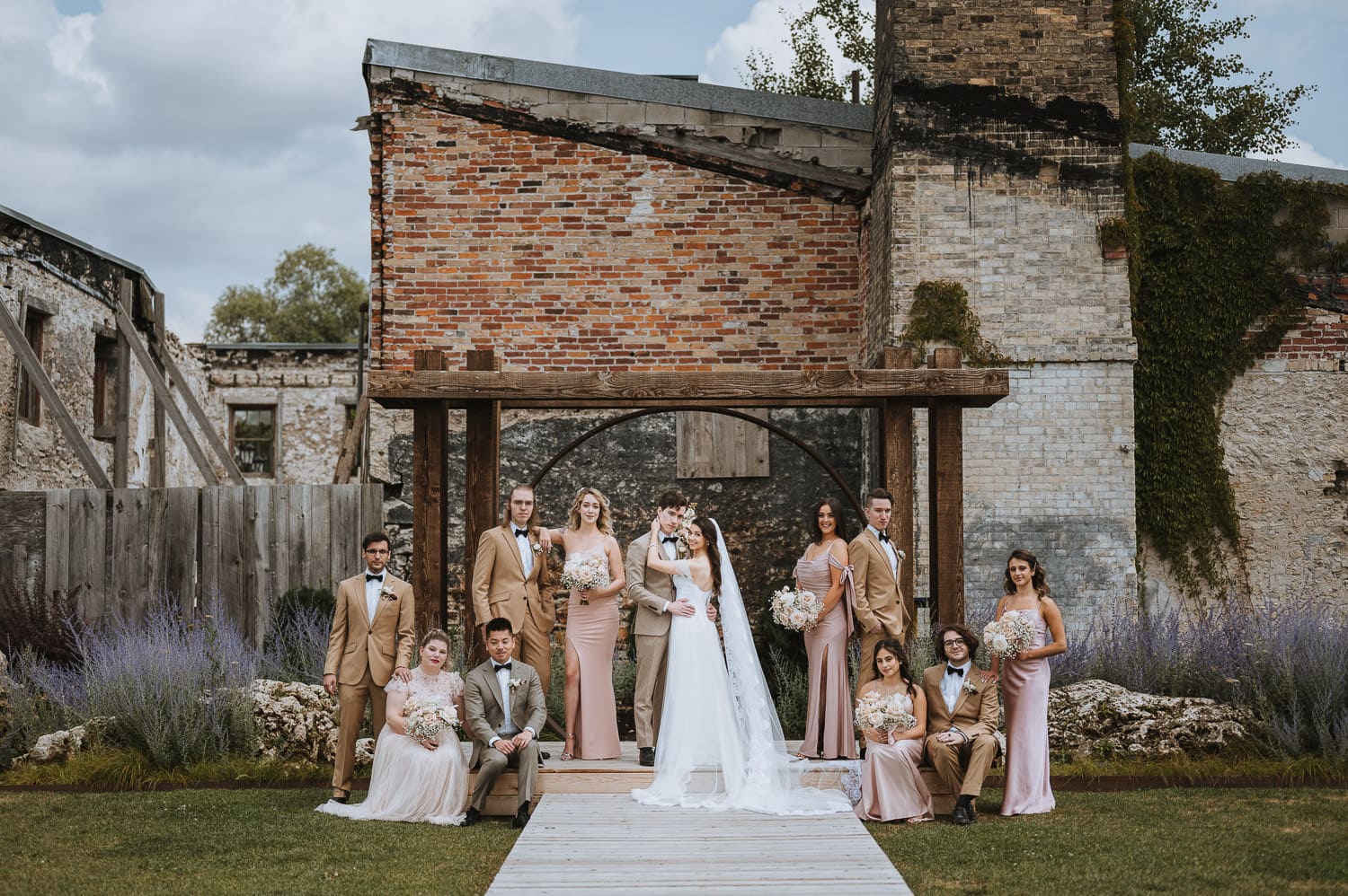 Elora mill outdoor chapel wedding party photo