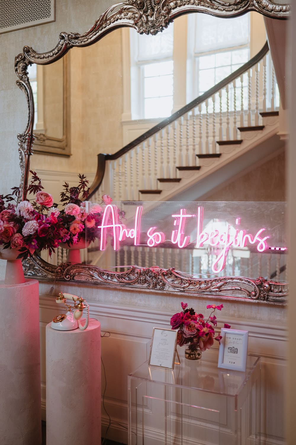neon sign welcoming table at a Graydon Hall wedding