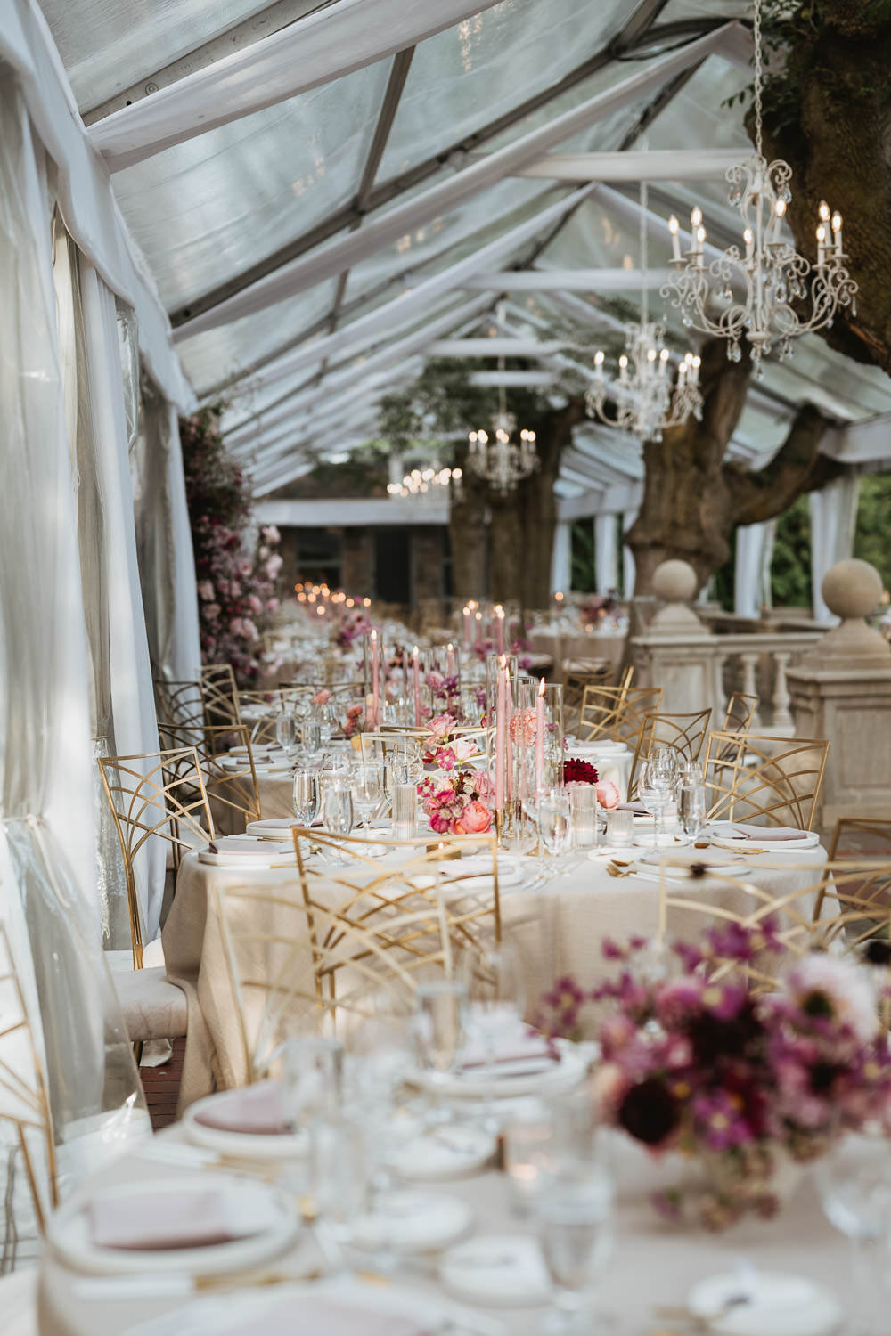 Graydon Hall Manor evening reception detail and table setting at the terrace under the canopy